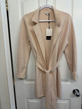 Lily Silk Light Beige Wool Open Front Belted Cardigan